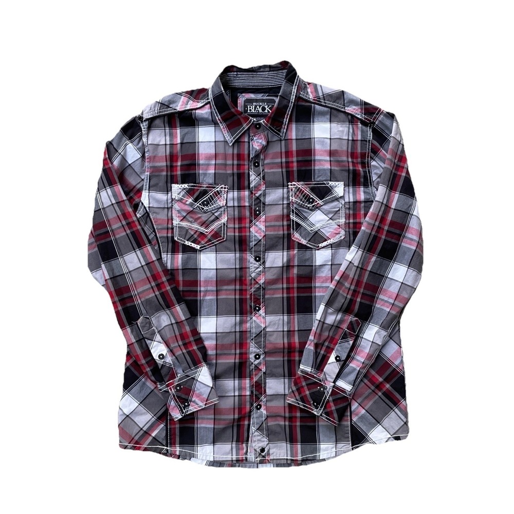 Buckle Mens XL Black Plaid Button Up Shirt Athletic Fit Long Sleeve Embroidered